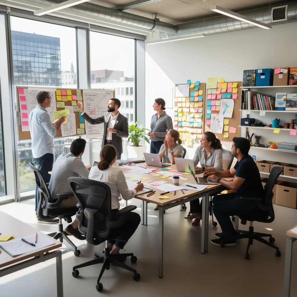 Ein modernes Büro mit modularen Möbeln, die flexible Arbeitsbereiche schaffen.