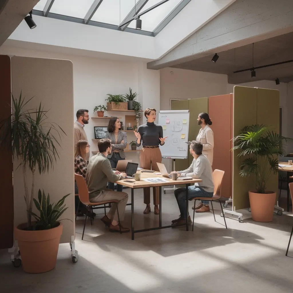 Ein offenes Bürodesign mit kreativen Arbeitsplätzen und Pflanzen.